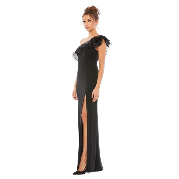 Ieena For Mac Duggal Womens Gown Dress Black Slit Maxi One Shoulder Ruffle 6 - Picture 4 of 13